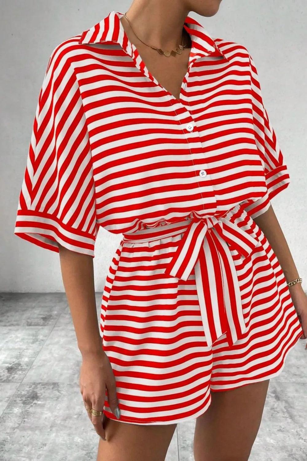 Striped Collared Tie Waist Romper