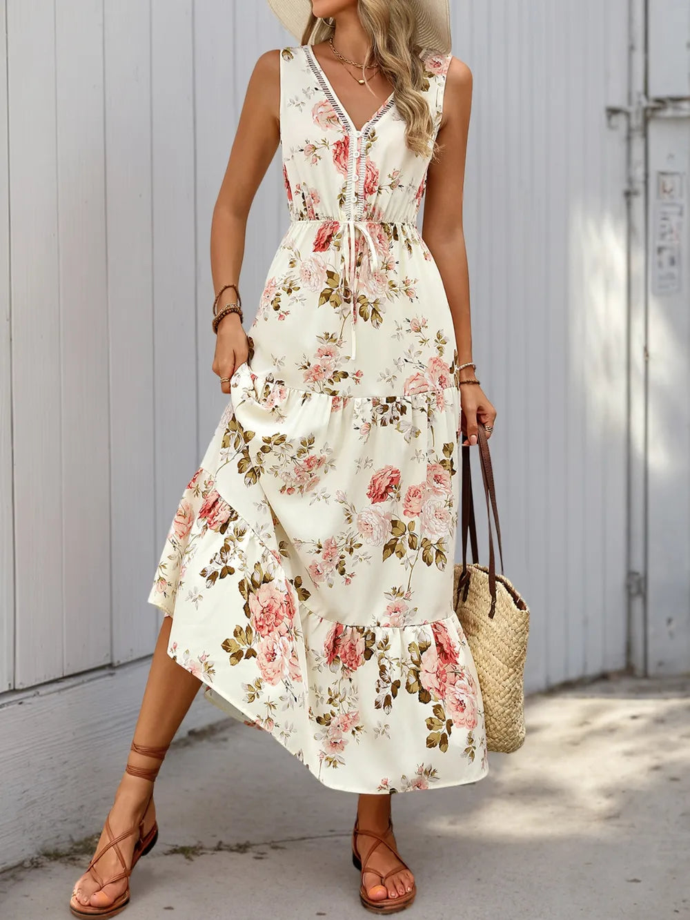 Tiered Ruffled Hem V-Neck Dress in Cream