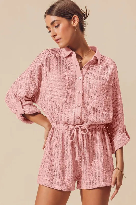 So Me Textured Knit Button Front Romper in Dusty Pink