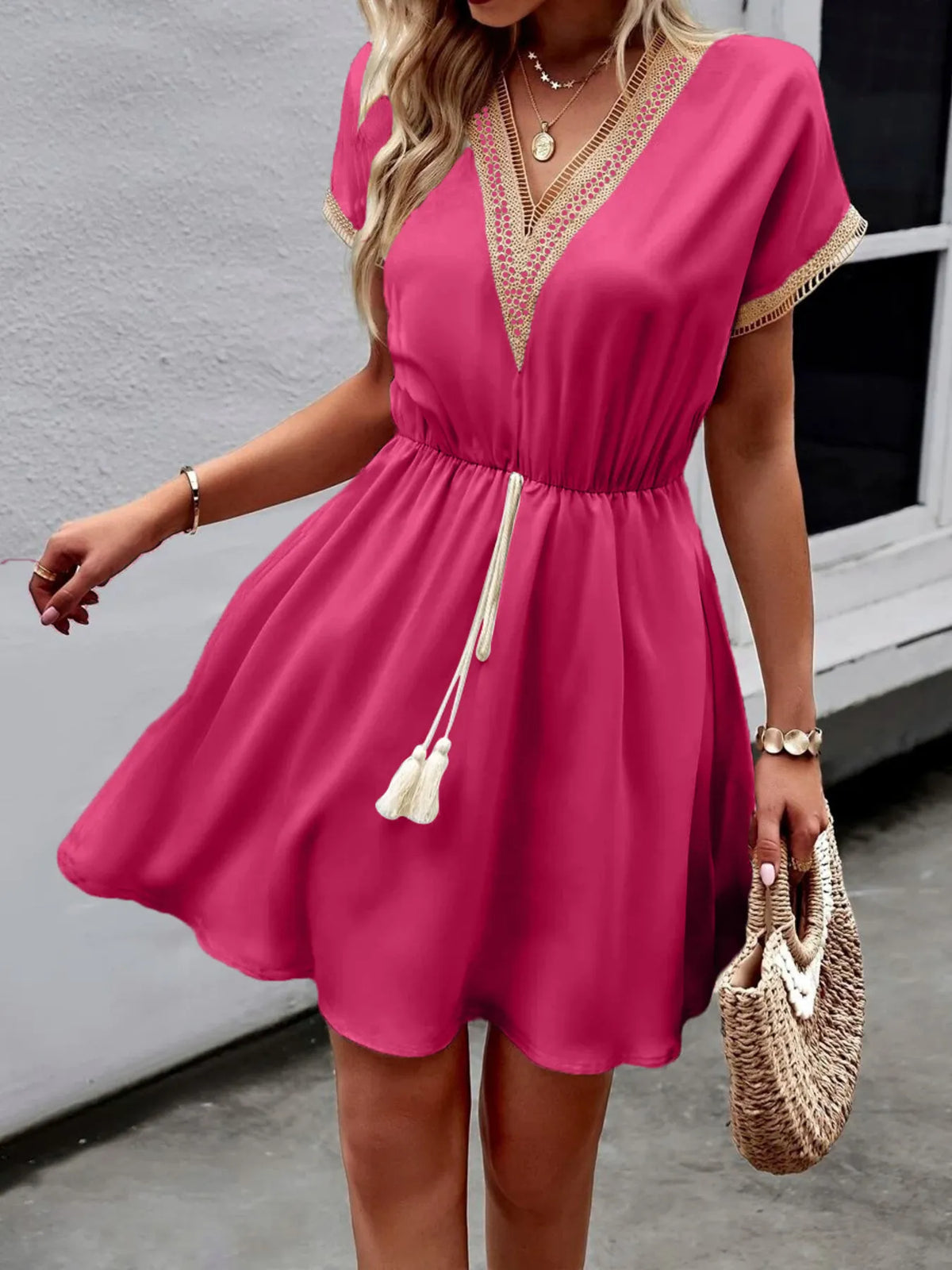 Tied V-Neck Short Sleeve Mini Dress