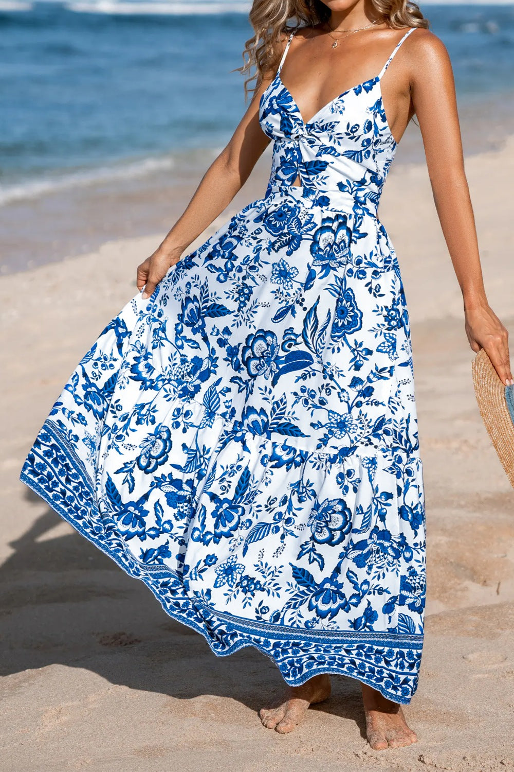 Floral Print Twisted Front Cutout Maxi Dress in Dusty Blue