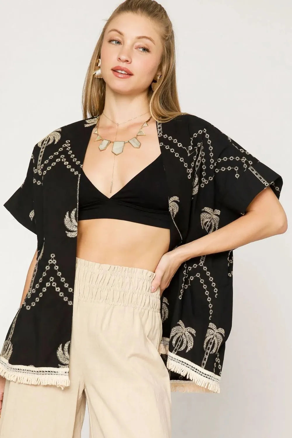 Umgee Open Front Embroidered Fringe Kimono in Black