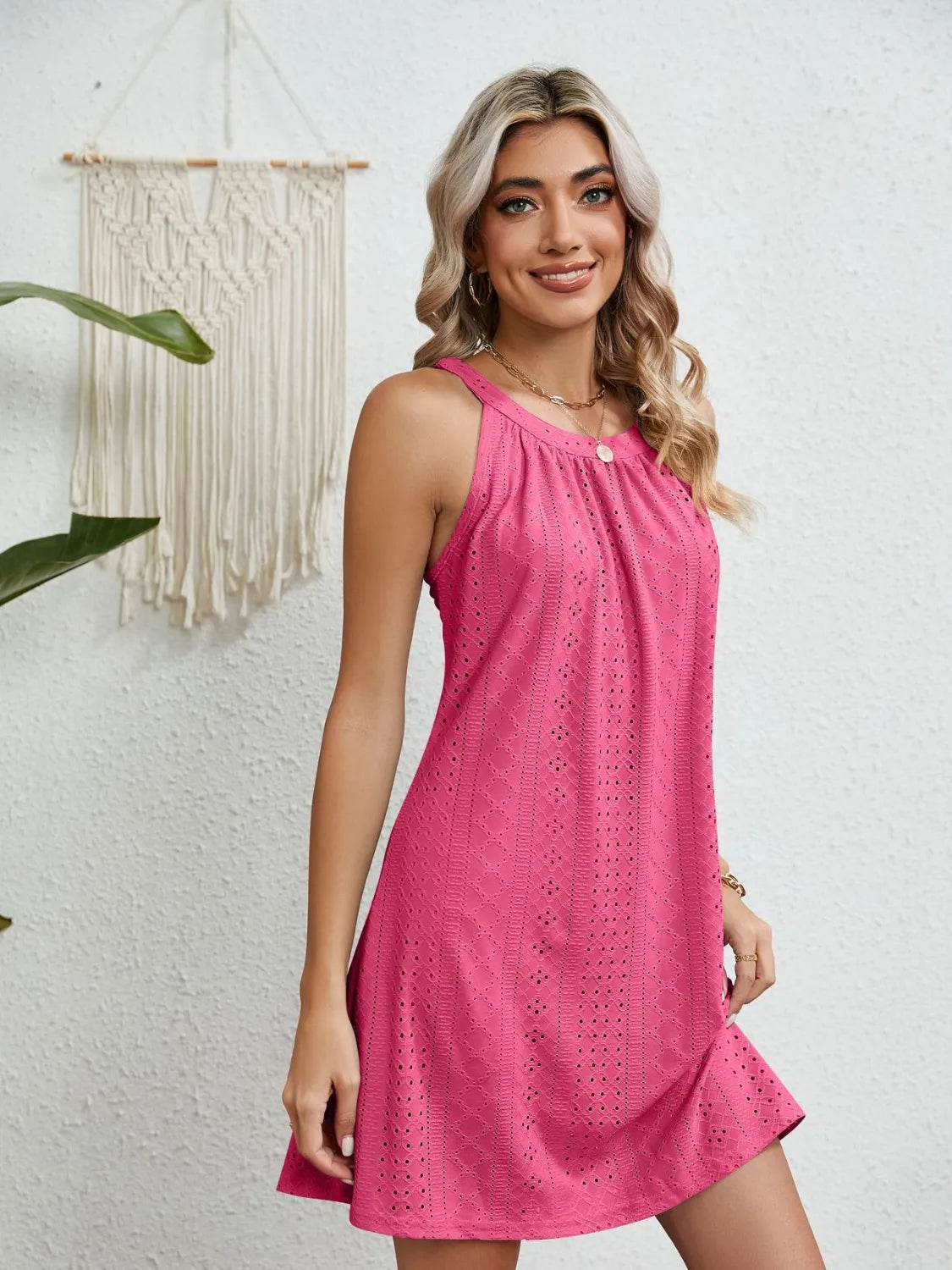Eyelet Round Neck Sleeveless Dress