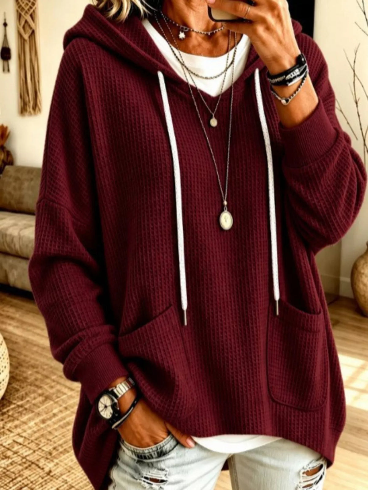 Waffle Knit Hoodie with Pockets