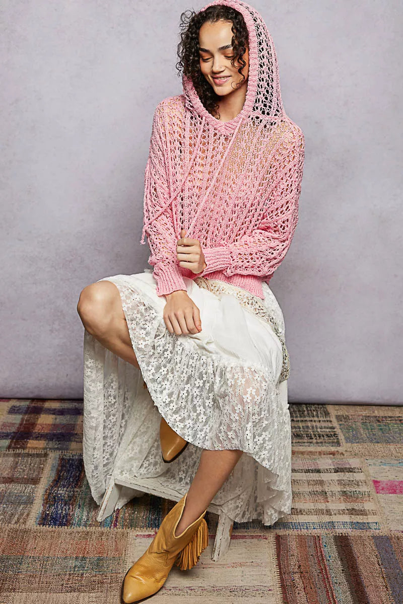 Openwork High-Low Knit Top in Barbie Pink by POL