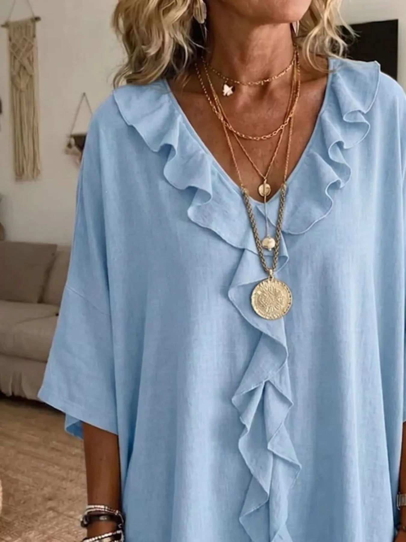 Ruffle V-Neck 3/4 Sleeve Blouse Plus Size