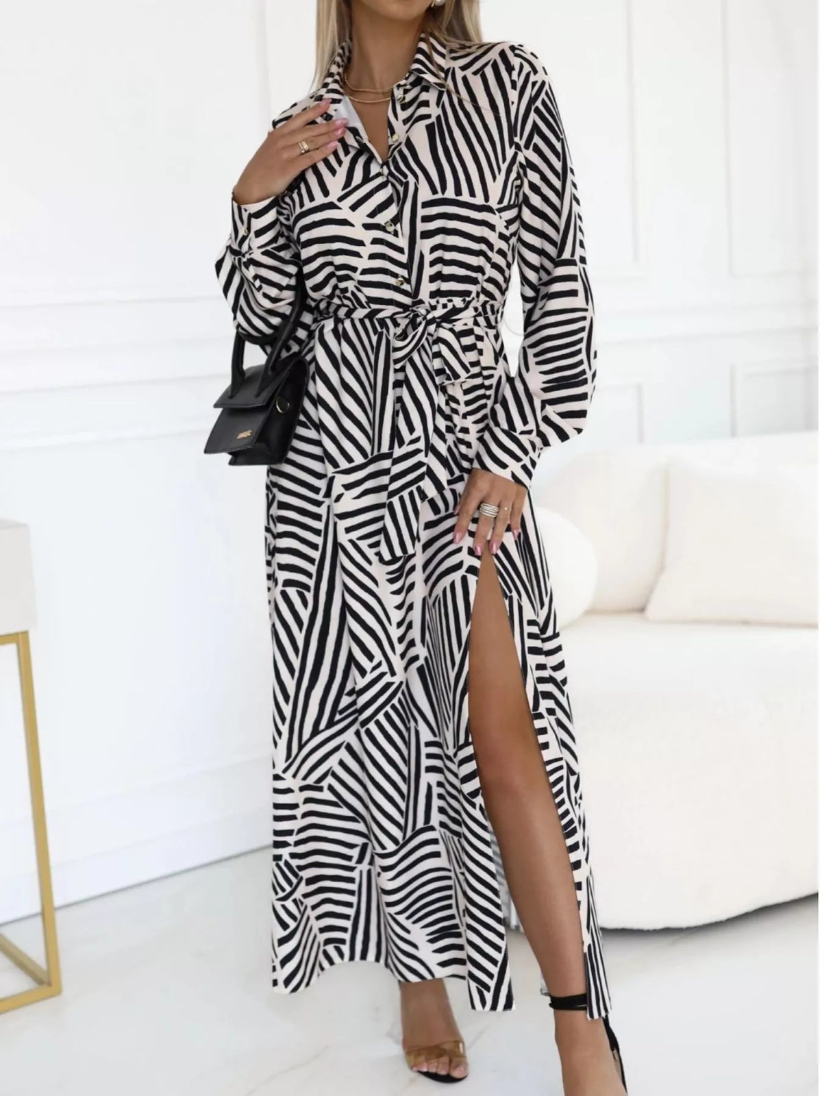 Belted Geometric Print Maxi Shirt Dress in Zebra