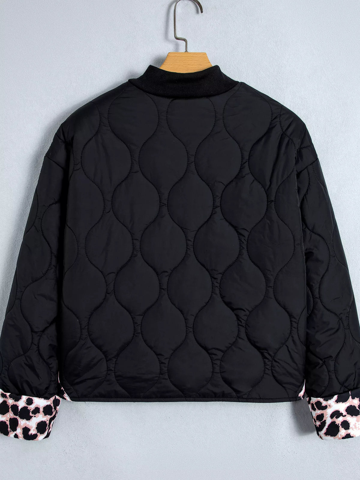 Leopard Cuff Quilted Puffer Jacket in Black