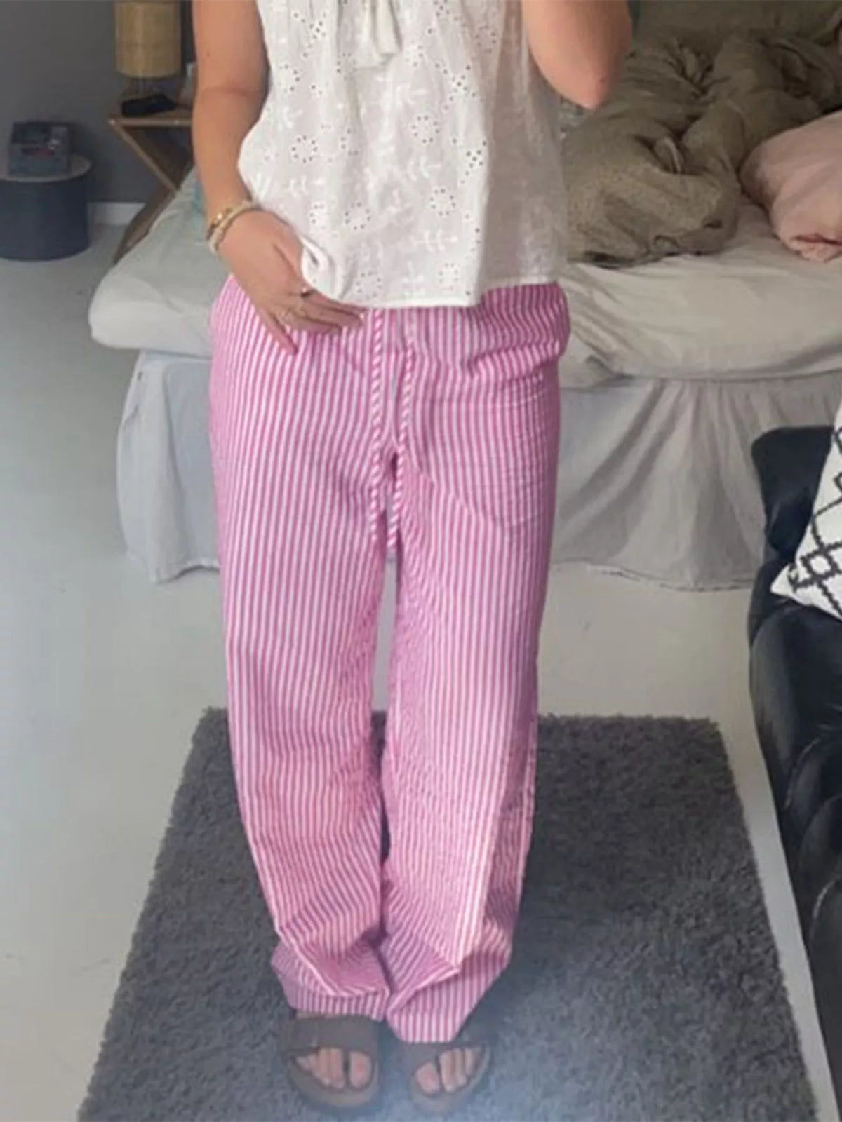Striped High-Waisted Drawstring Casual Pants in Pink