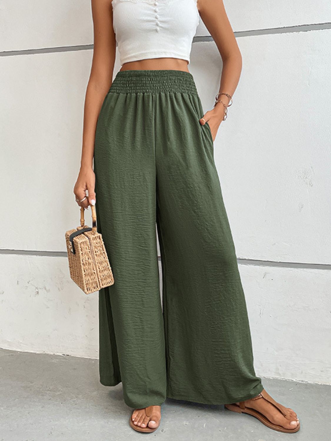 Wide Waistband Relaxed Fit Long Pants