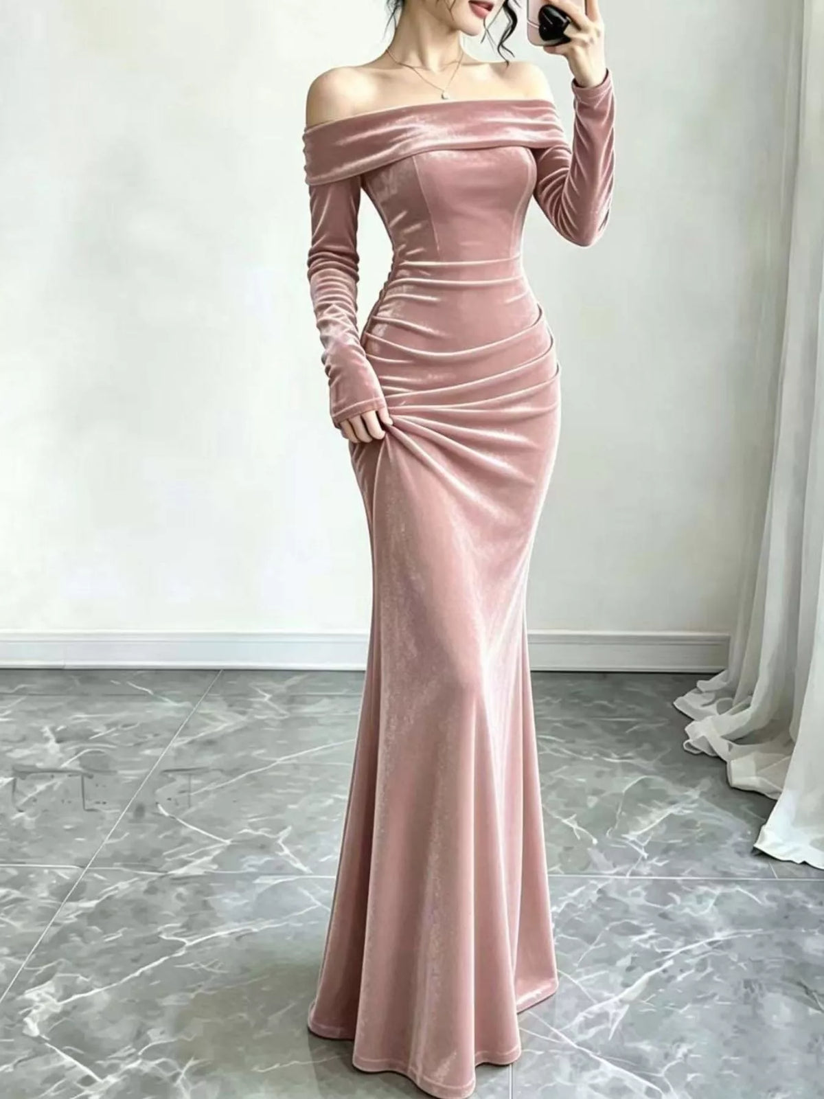 Off-Shoulder Ruched Mermaid Maxi Dress