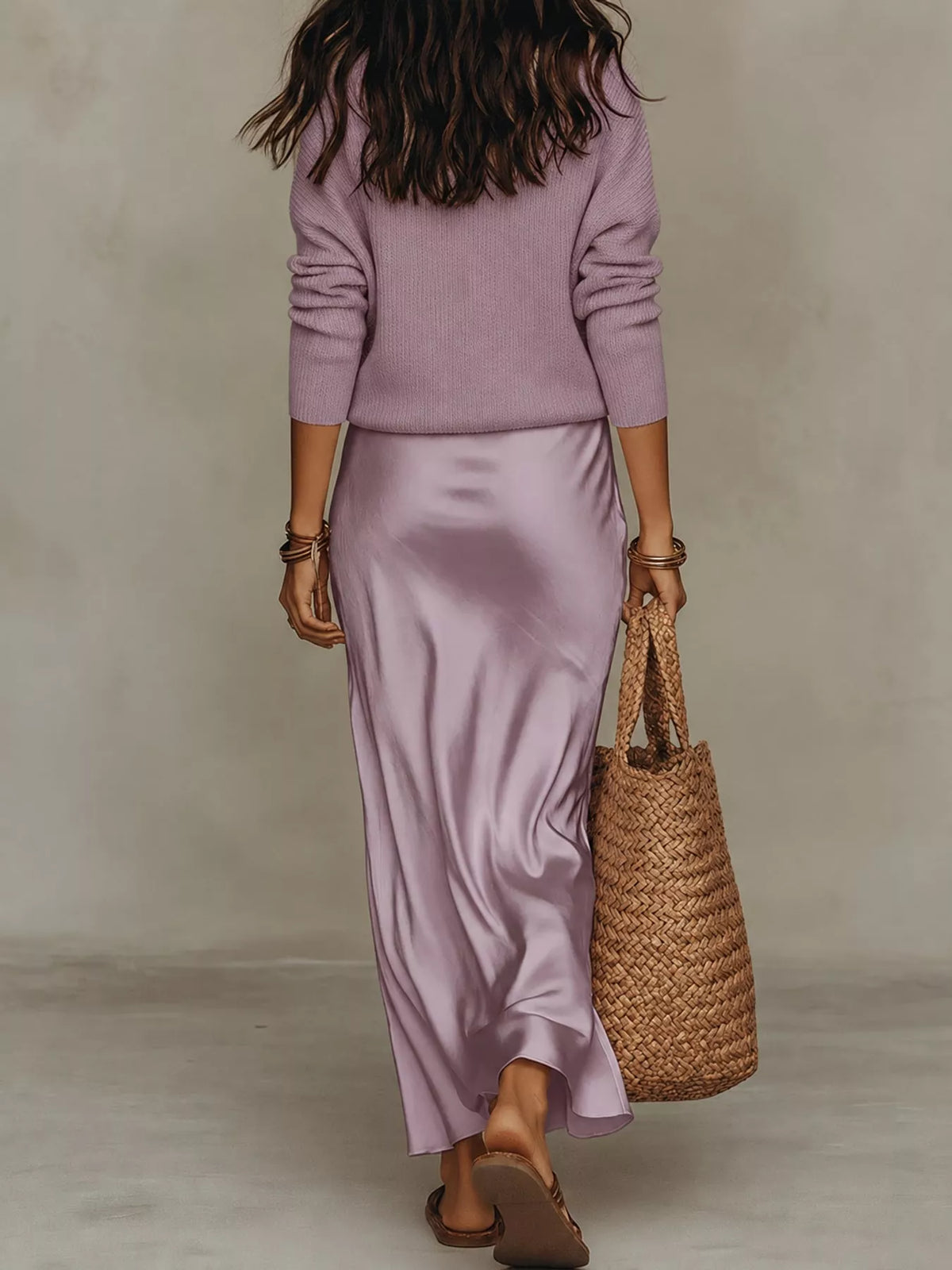 V-Neck Top and Satin Midi Skirt Set