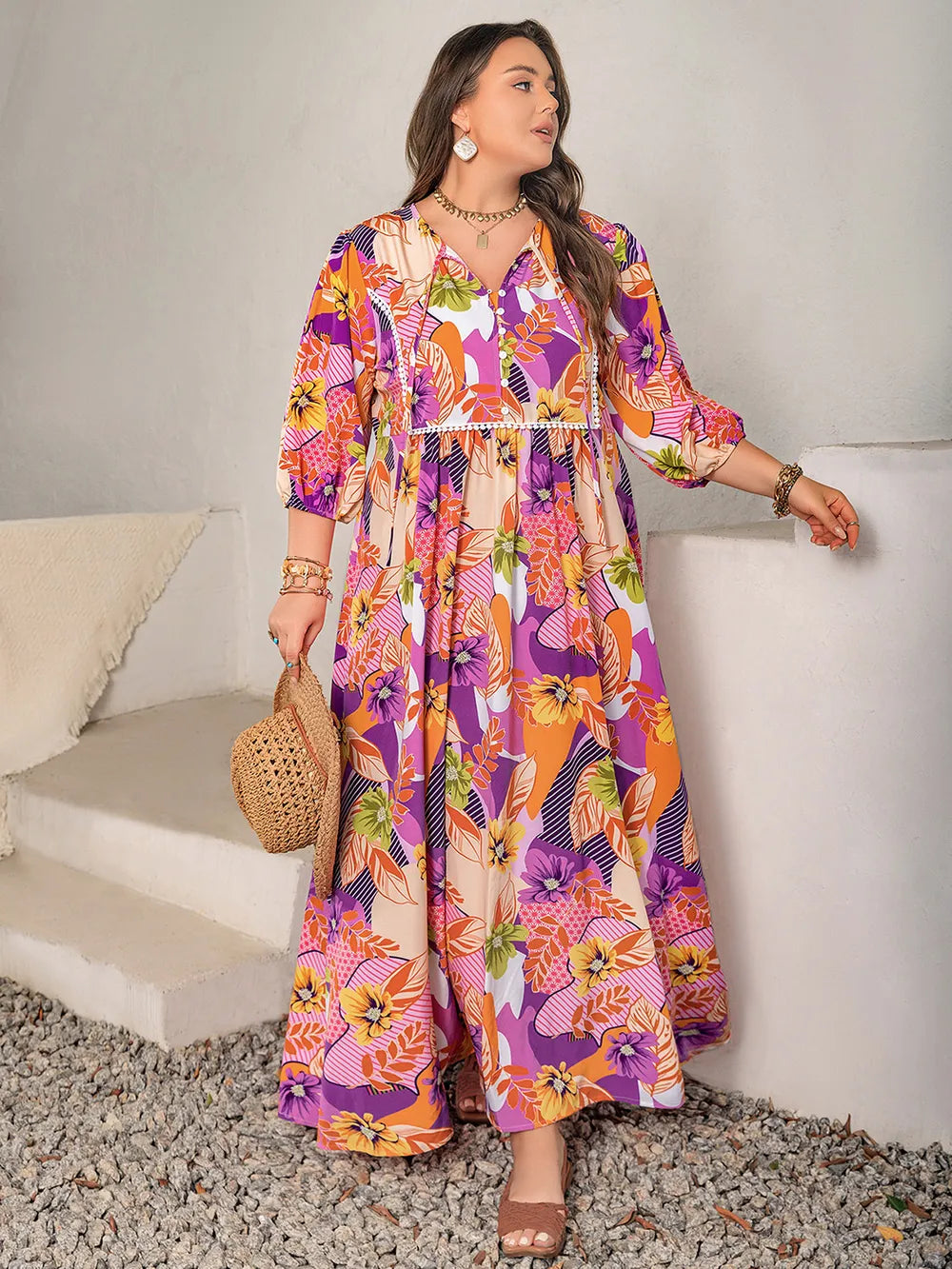 Printed Tie-Neck Maxi Dress in Multicolor