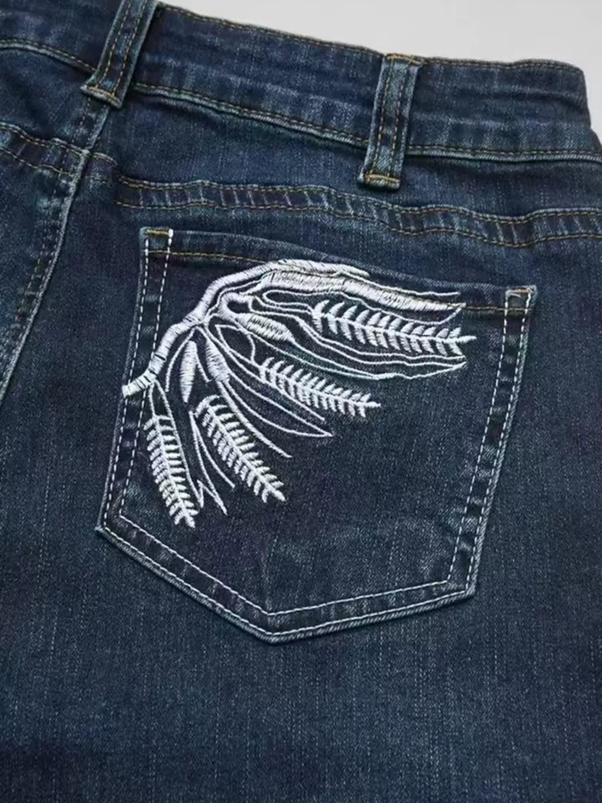 Wings Embroidered High-Rise Cargo Jeans in Dark Blue