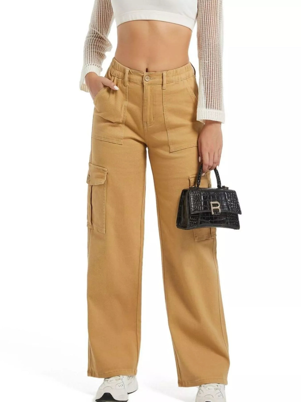 High-Waisted Cargo Jeans with Contrast Stitching
