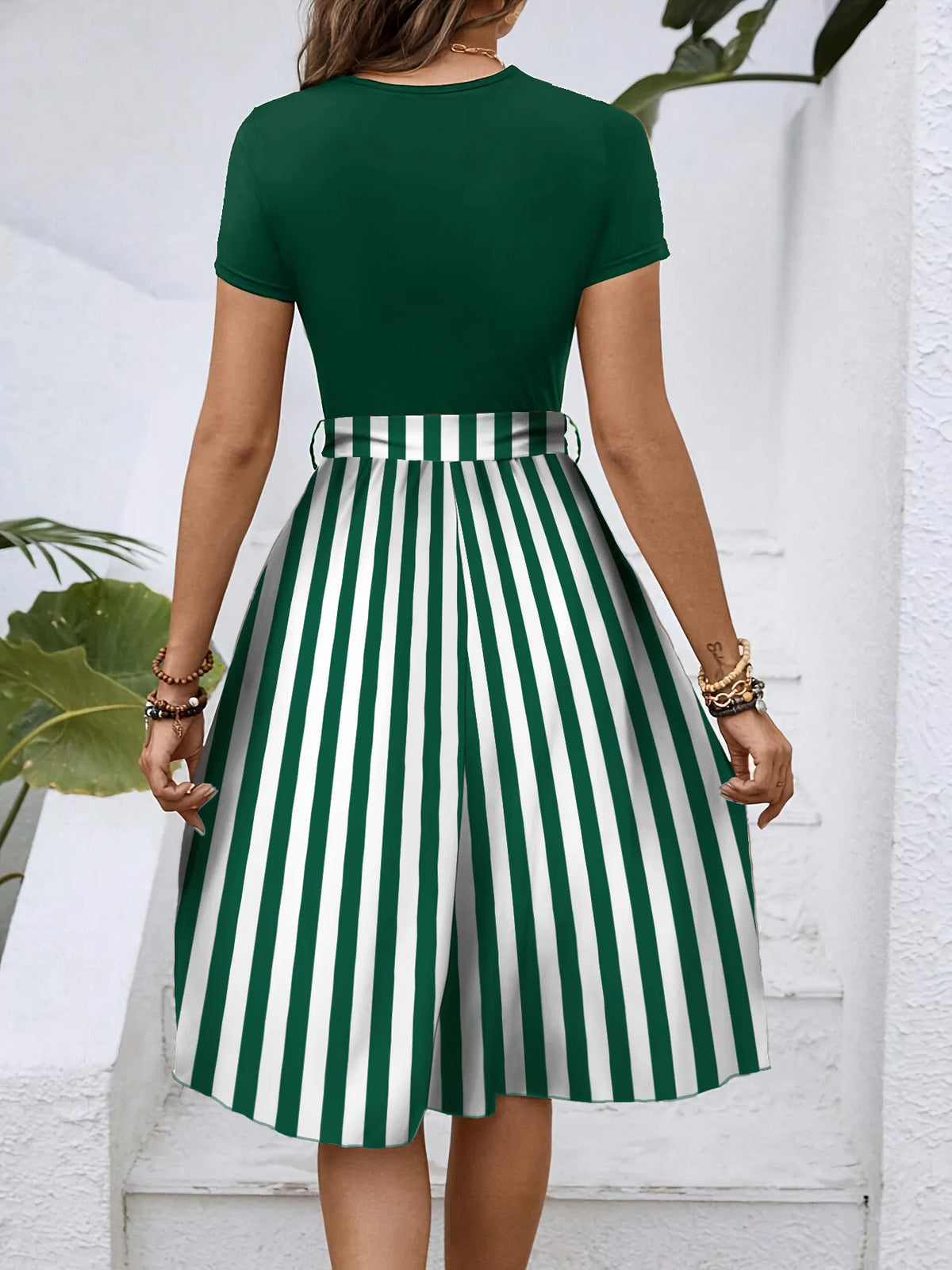 Striped Round-Neck Tie-Detail Dress by Classic Comfort
