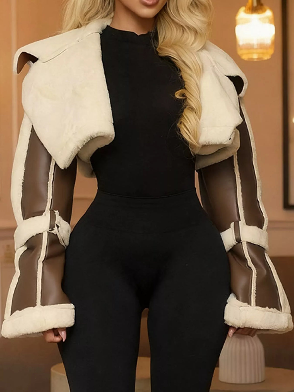 Faux Leather Plush Cropped Jacket