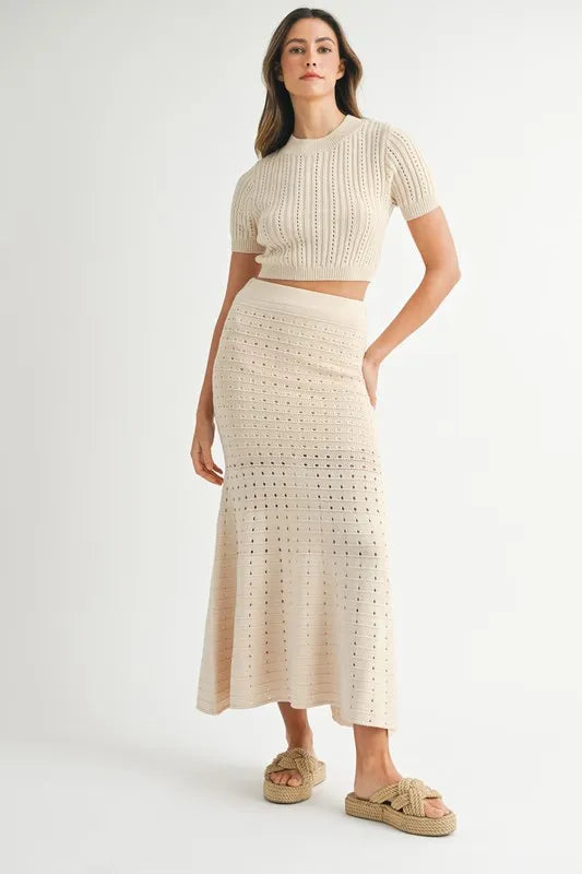 Pointelle Crop Top and Slit Skirt Set in Cream