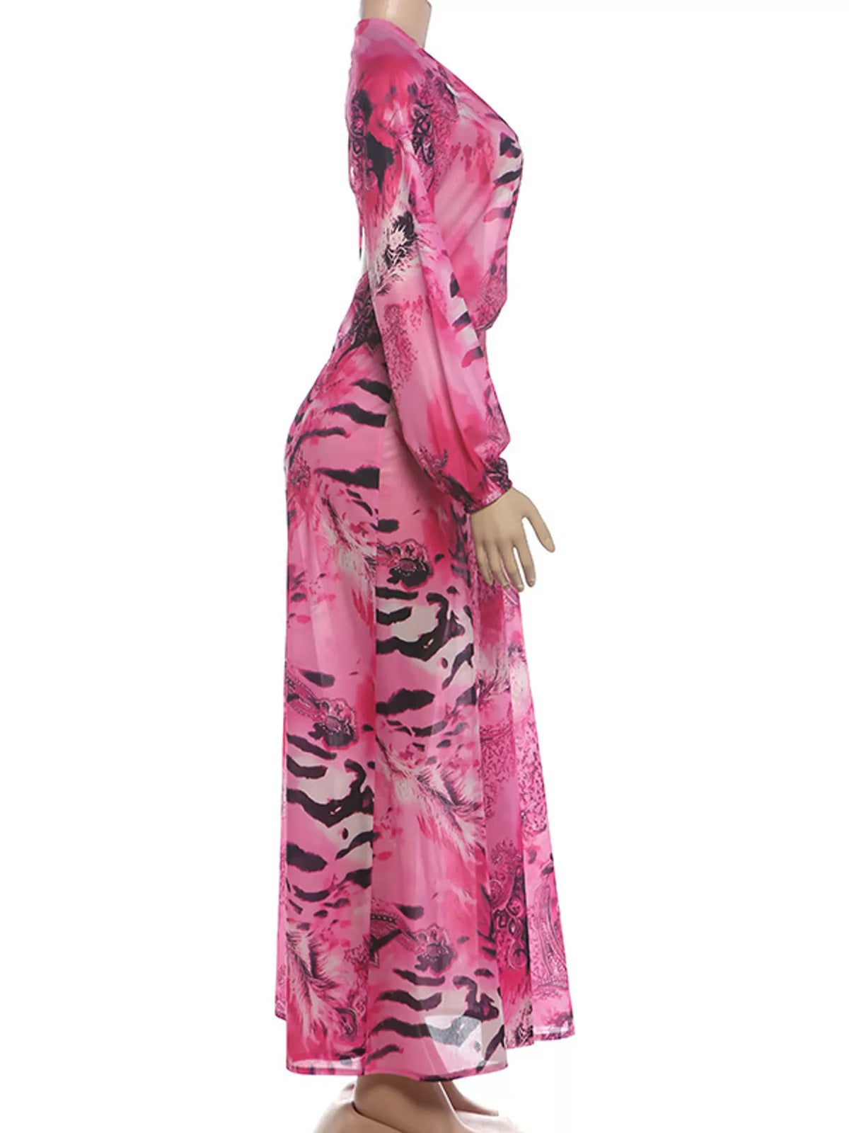 Deep V-Neck Long Sleeve Printed Maxi Dress