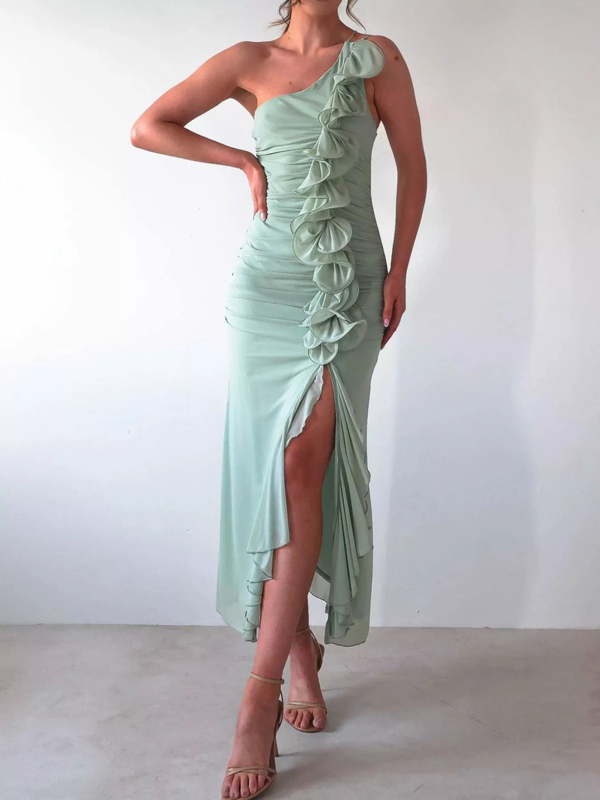 One-Shoulder Ruffle Slit Dress