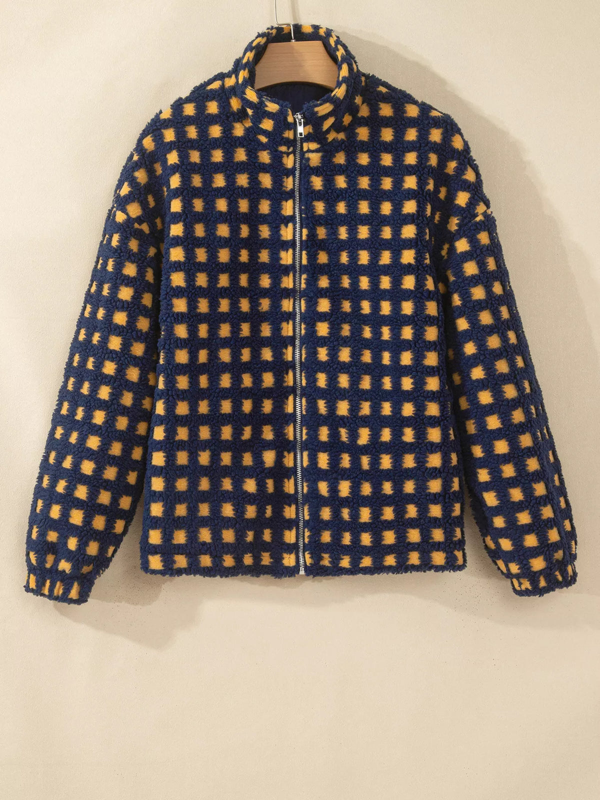 Plaid Sherpa Fleece Zip-Up Jacket in Black