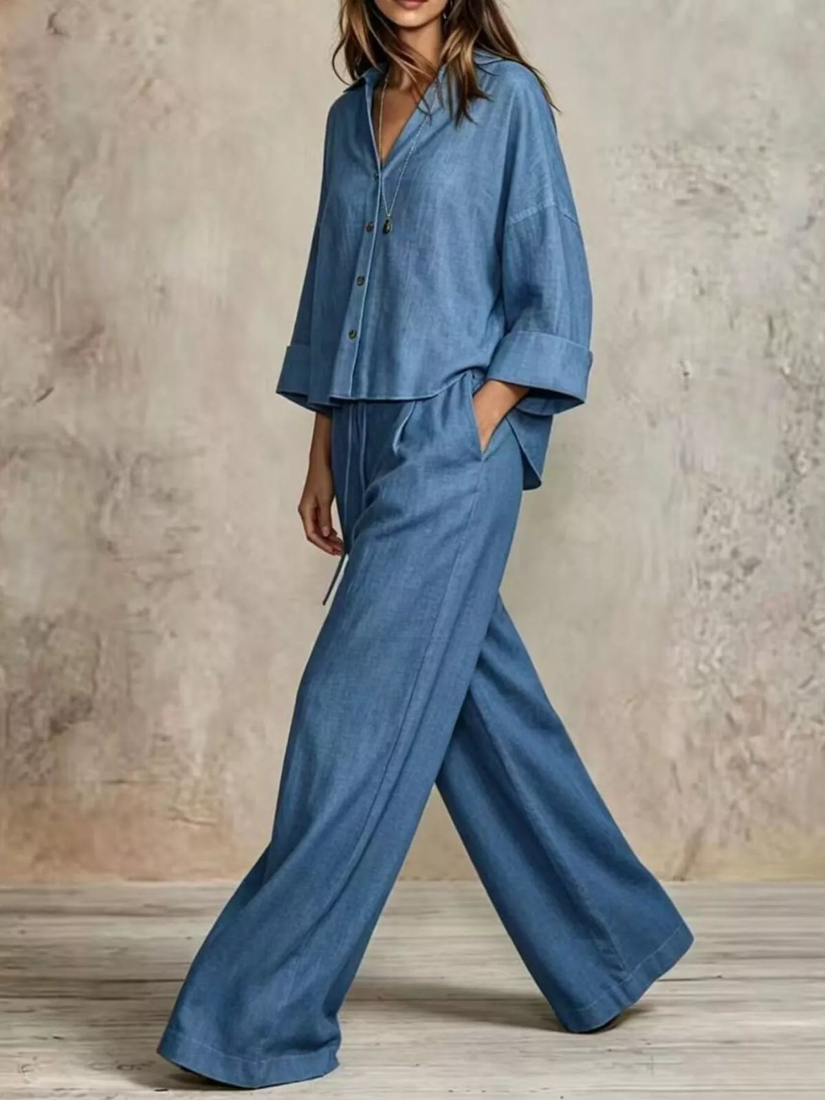 Button-Down Shirt and Wide-Leg Pants Set