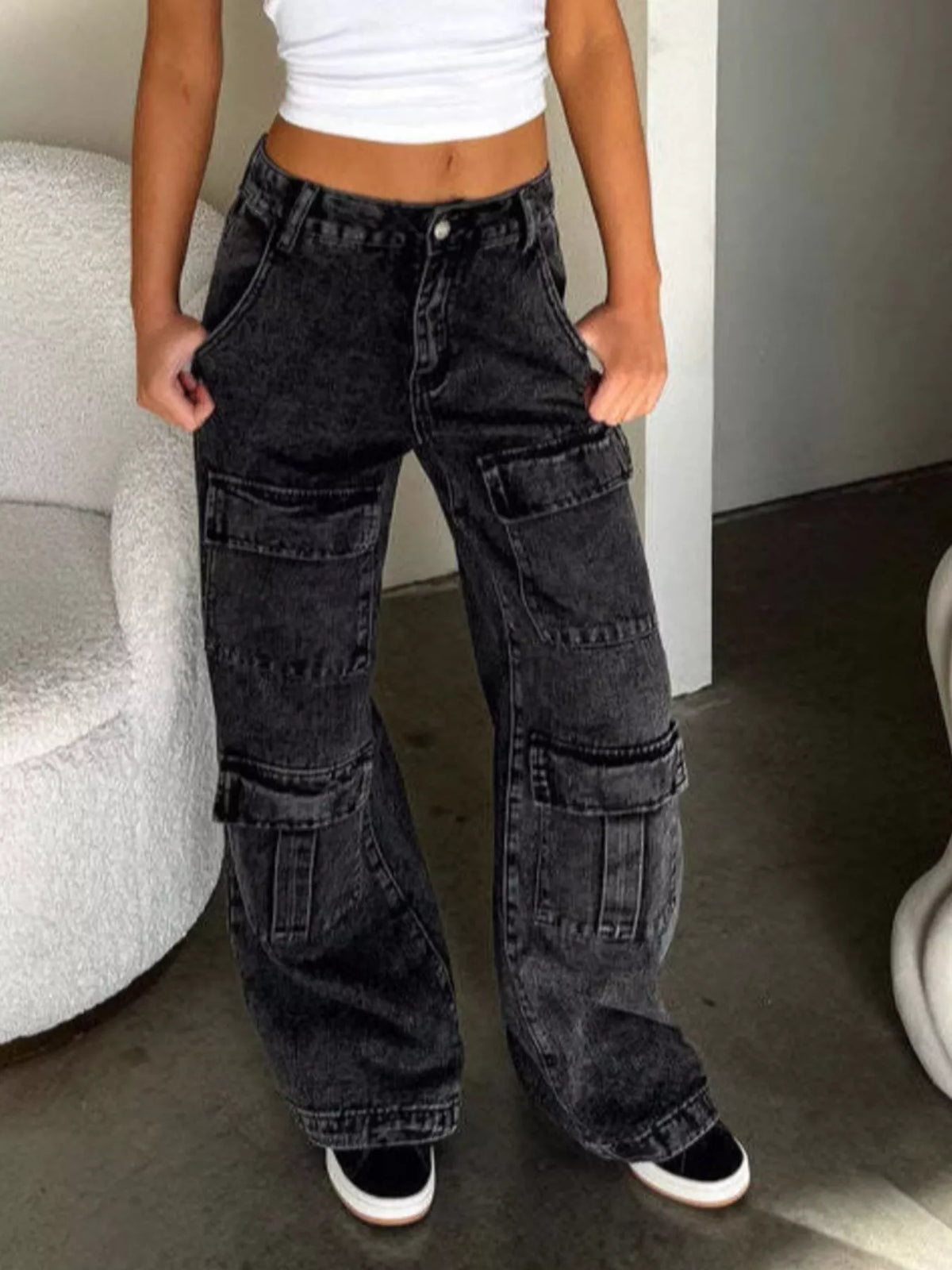 Zip-Front High-Waisted Wide-Leg Cargo Jeans by Dreamy Drapes
