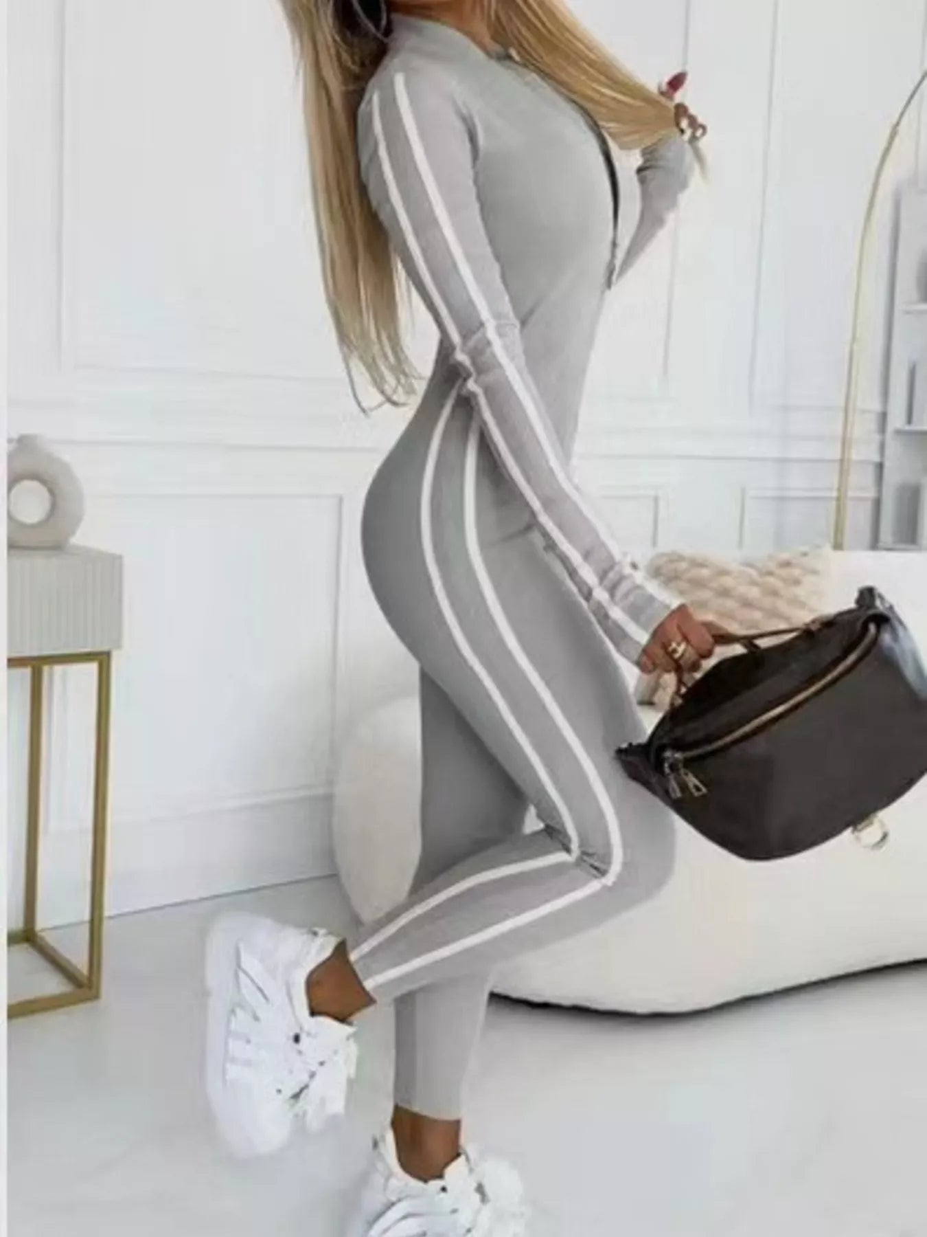 Striped Zip-Front Long Sleeve Jumpsuit