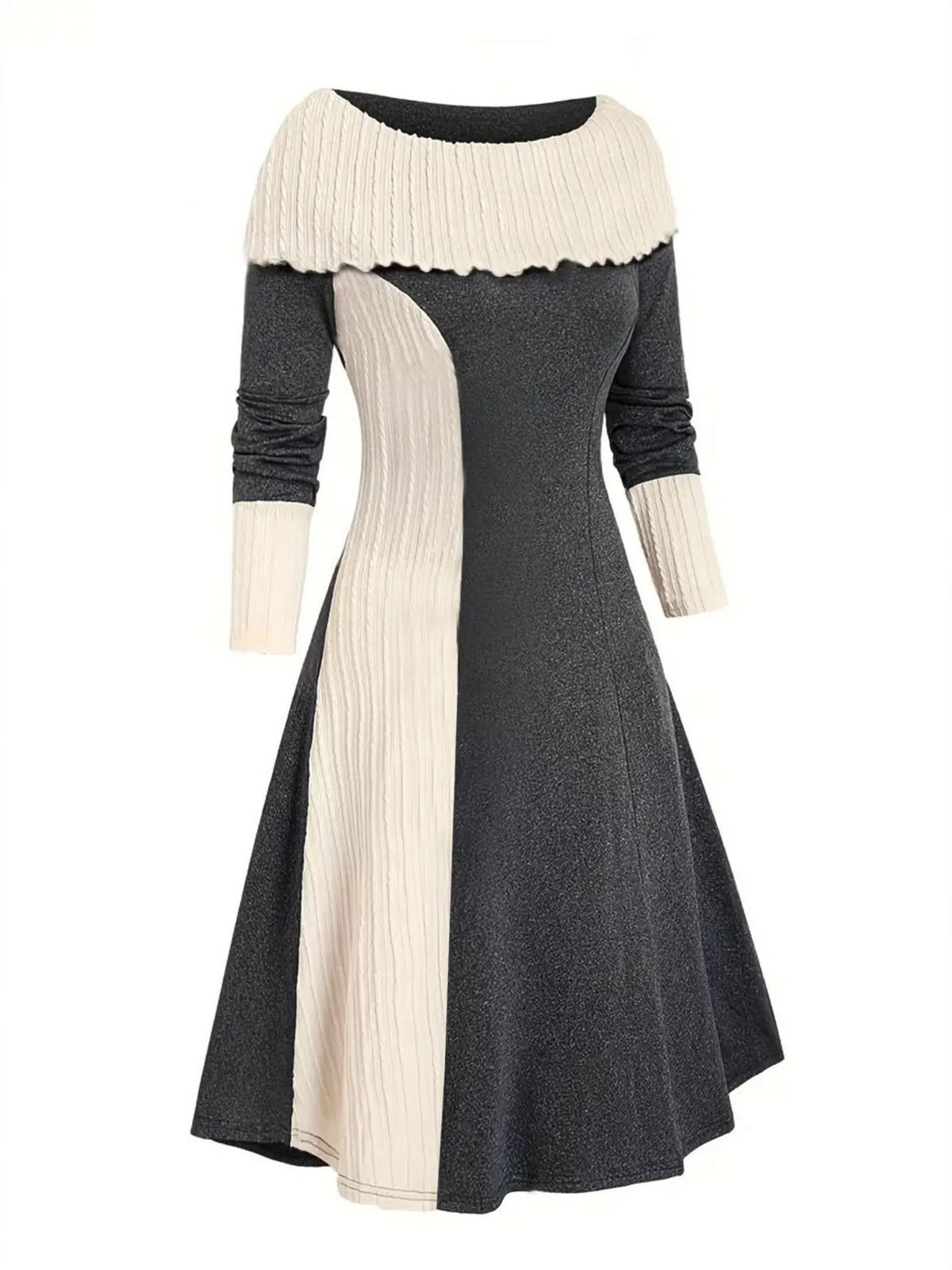 Color Block Ribbed Sweater Dress in Dark Gray