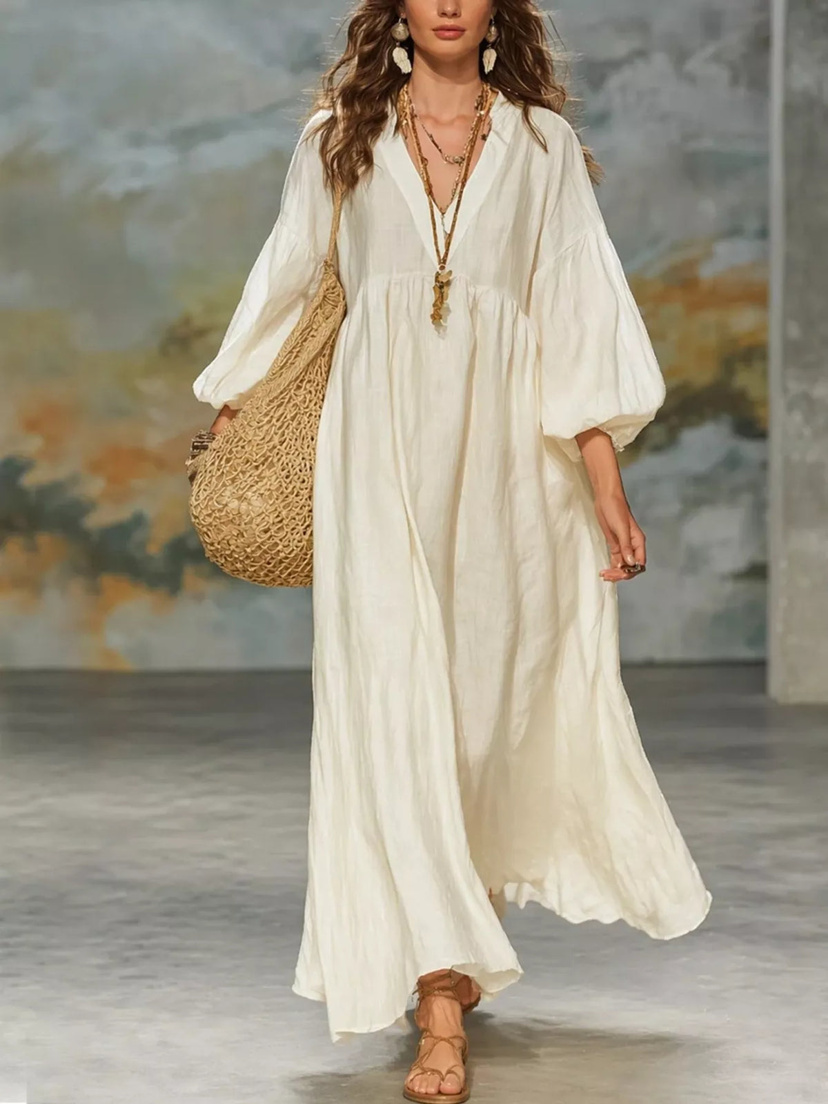 Notched Neck 3/4 Sleeve Maxi Dress
