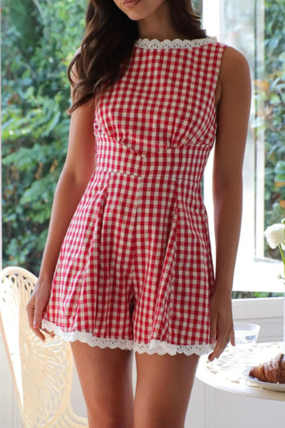 Lace-Detail Plaid Sleeveless Romper