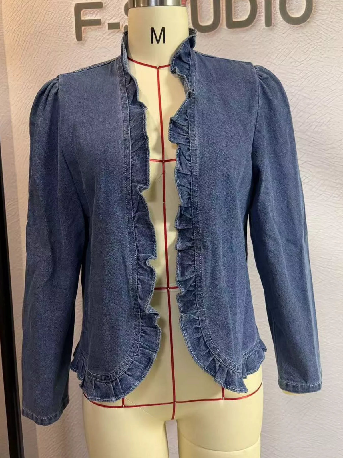 Open-Front Ruffled Trim Denim Jacket in Blue in Blue-Denim Jacket