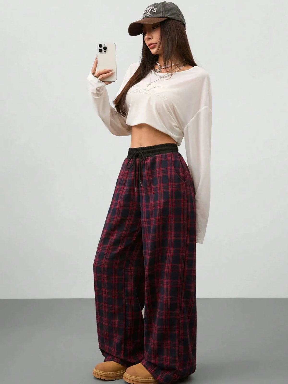 Plaid Wide-Leg Drawstring Pants in Scarlet