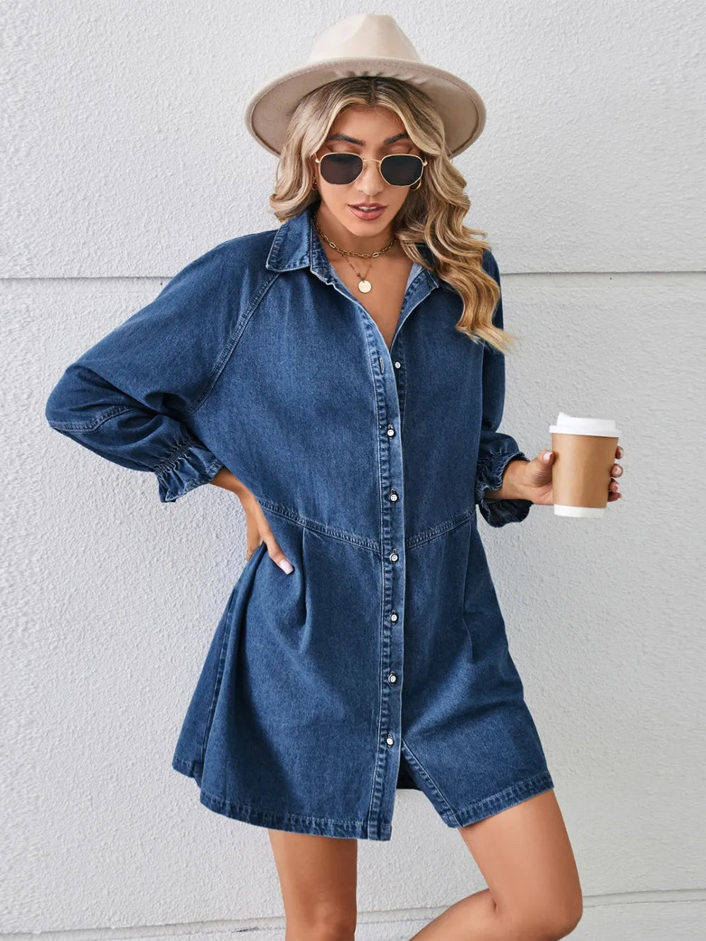 Button Up Flounce Sleeve Mini Denim Dress by Manny