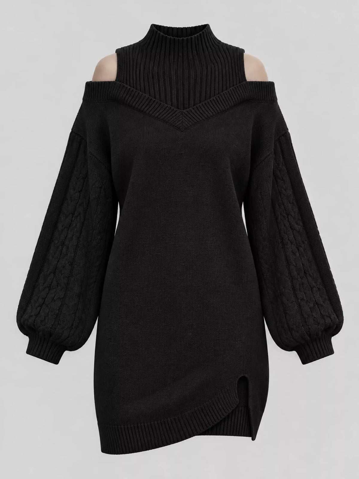 Cable-Knit Cold-Shoulder Mock-Neck Sweater Dress