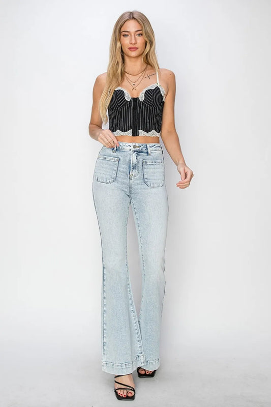 Risen Front Patch Pocket Flare Jeans in Acid Light