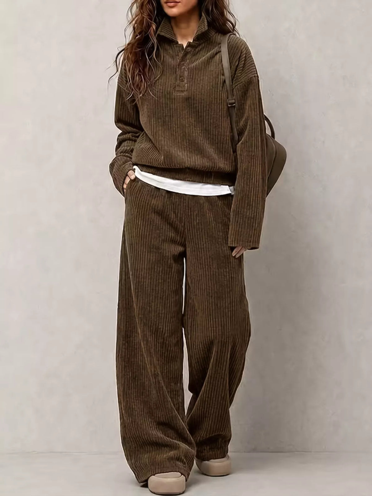 Corduroy Button-Front Top and Wide Leg Pants Set