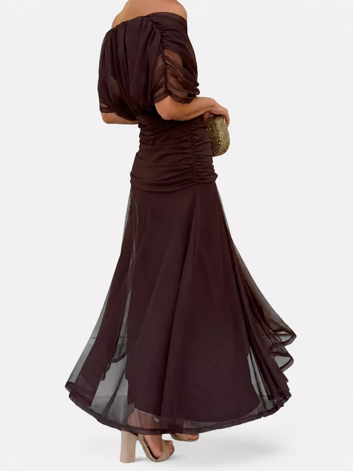 Off-Shoulder Mesh Ruched Maxi Dress, Plus Size