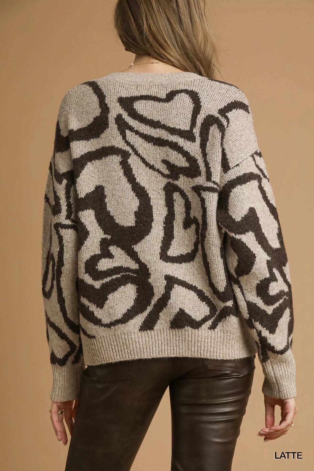 Umgee Heart Print Crew Neck Sweater in Latte