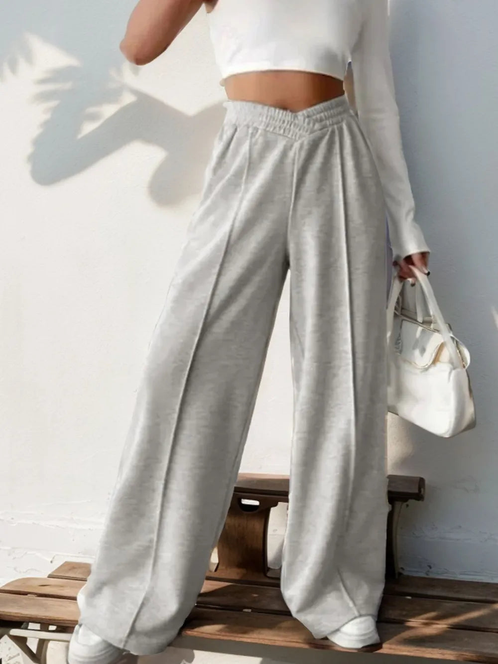 Elastic Waist Wide Leg Pants in Light Gray