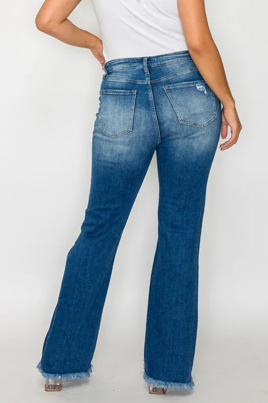 Raw Hem Distressed High Rise Bootcut Jeans in Medium Wash