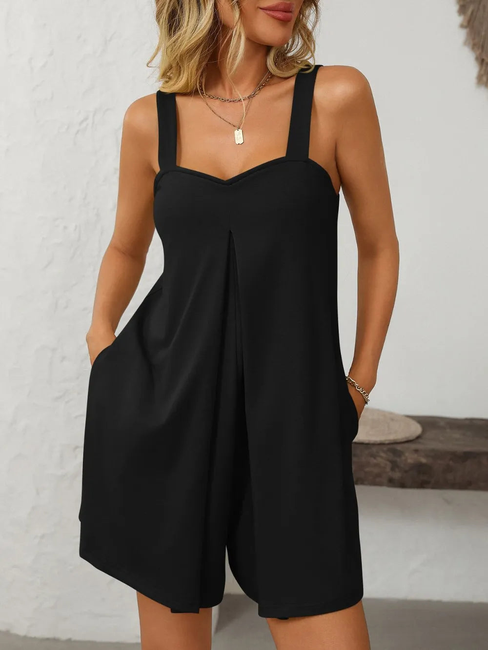Sweetheart Neck Wide Strap Romper with Pockets