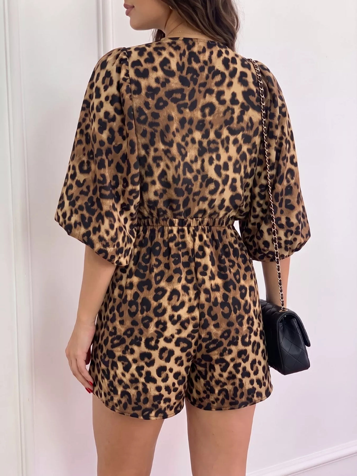 Leopard Print V-Neck Puff Sleeve Romper