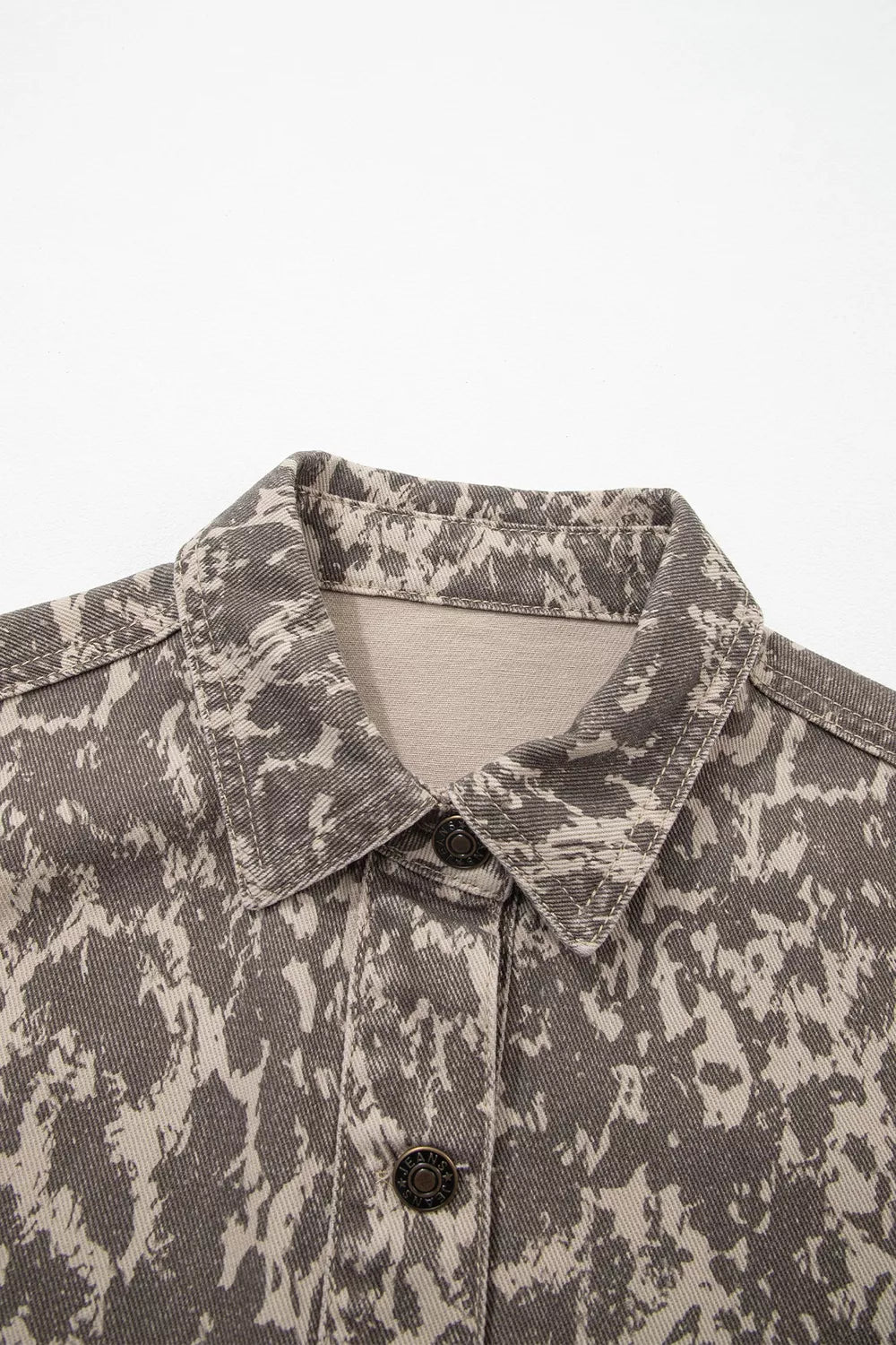 Abstract Print Raw Hem Denim Jacket in Mocha