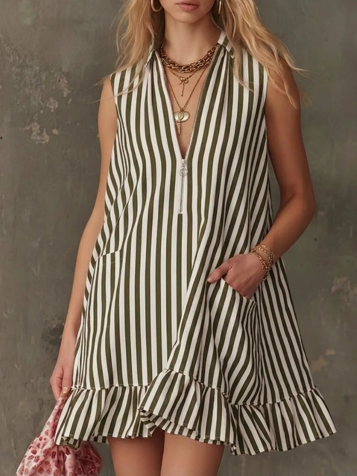 Striped Zipper-Neck Ruffle Hem Dress