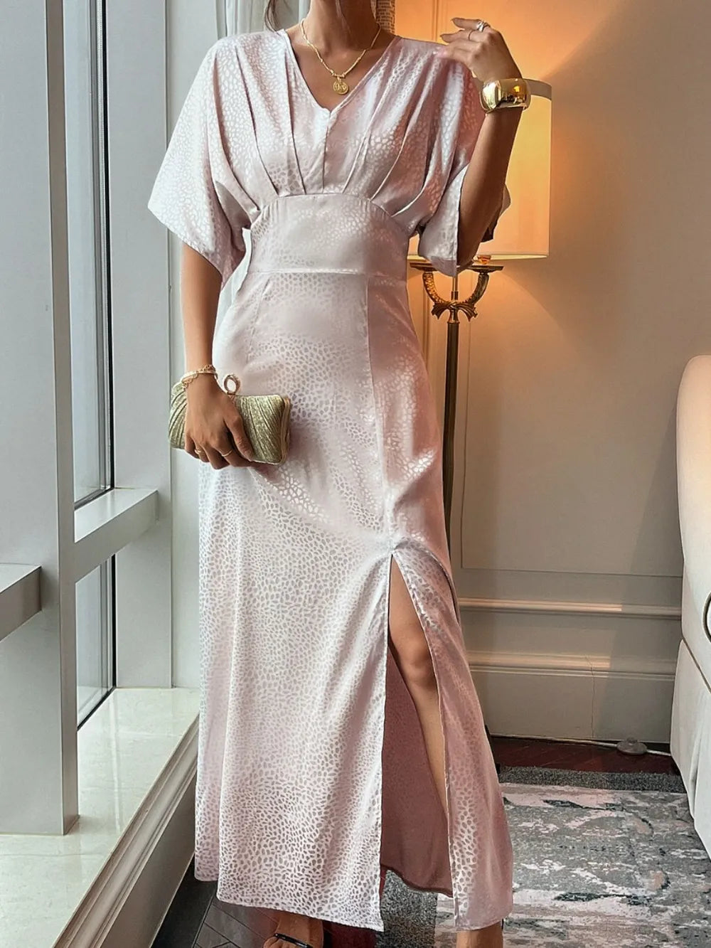 Animal Print V-Neck Dress in Blush Pink by DY