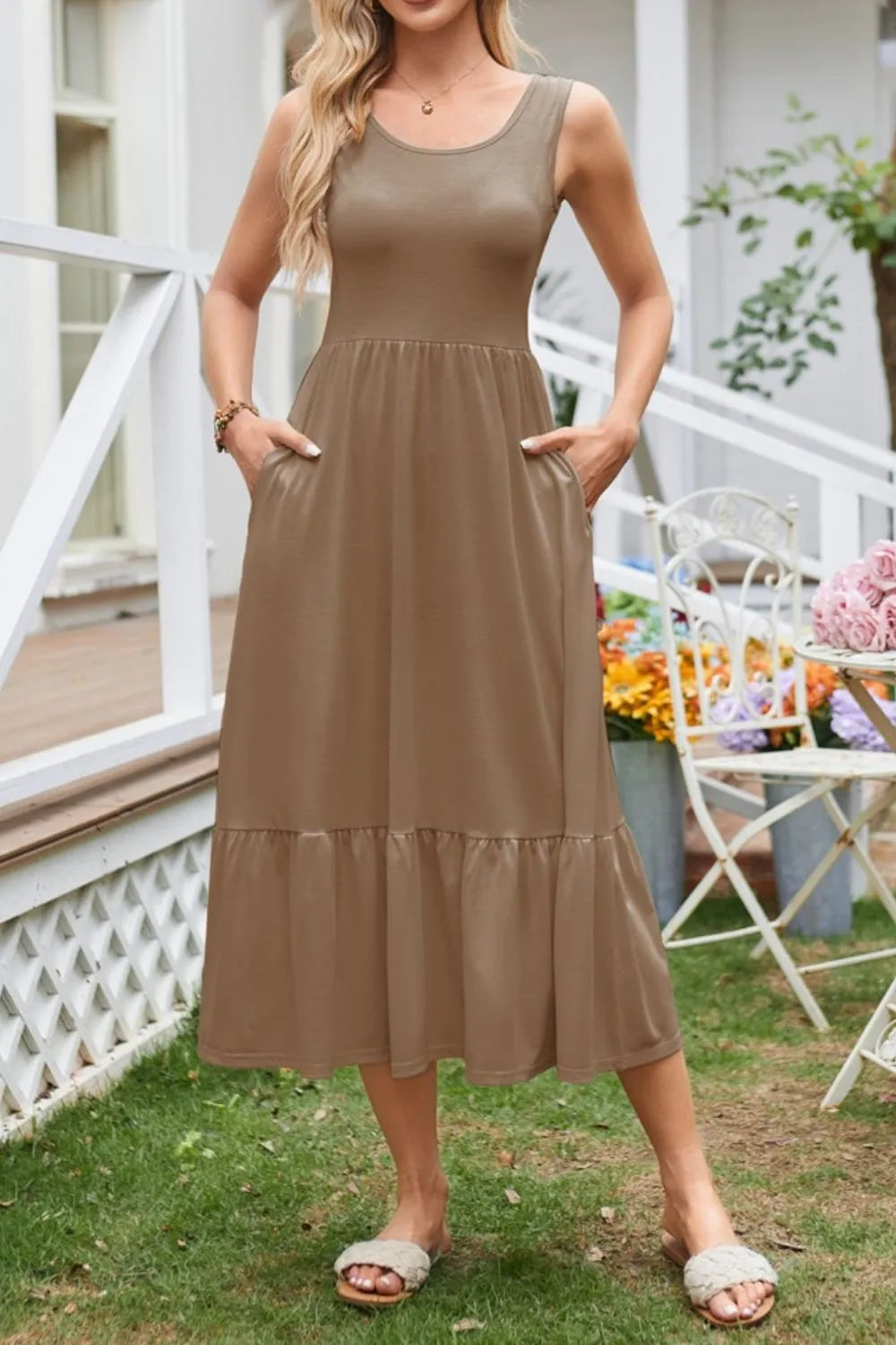 Round Neck Wide Strap Tank Dress by Gen Beauty