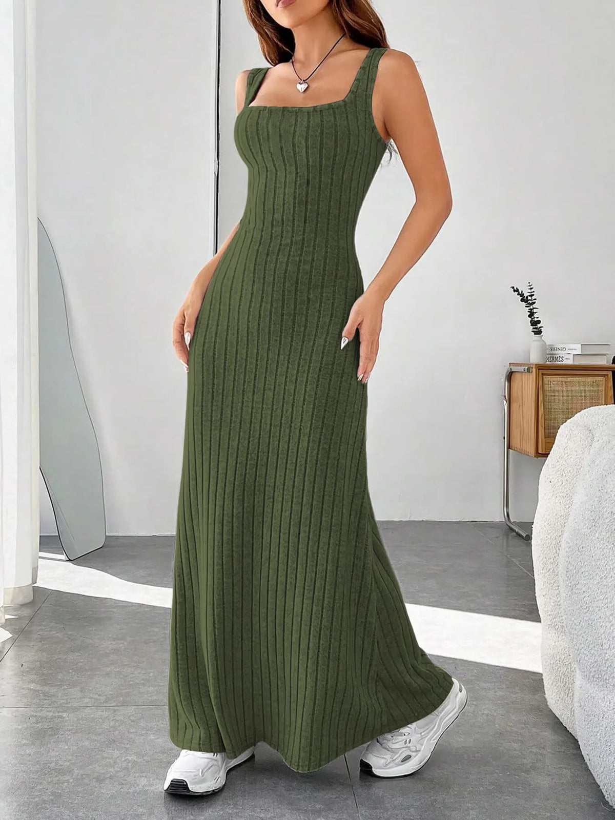 Ribbed Knit Square Neck Maxi Dress