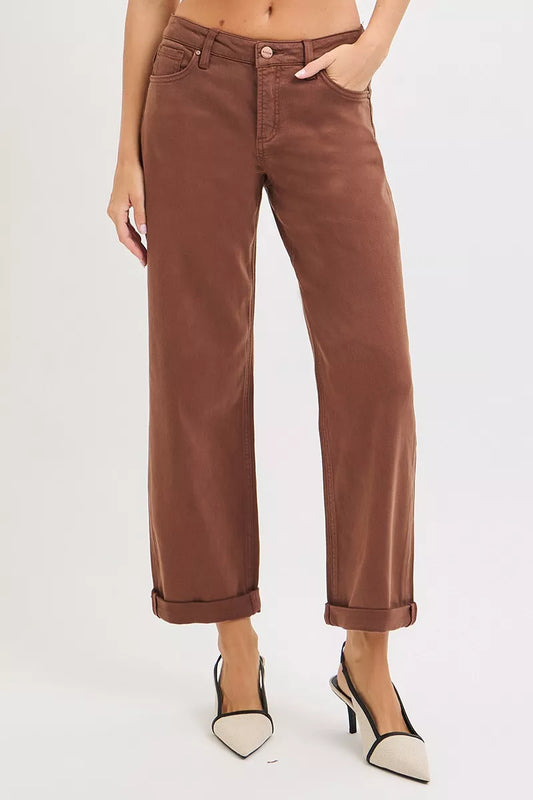 Risen Mid Rise Ankle Barrel Jeans in Cocoa