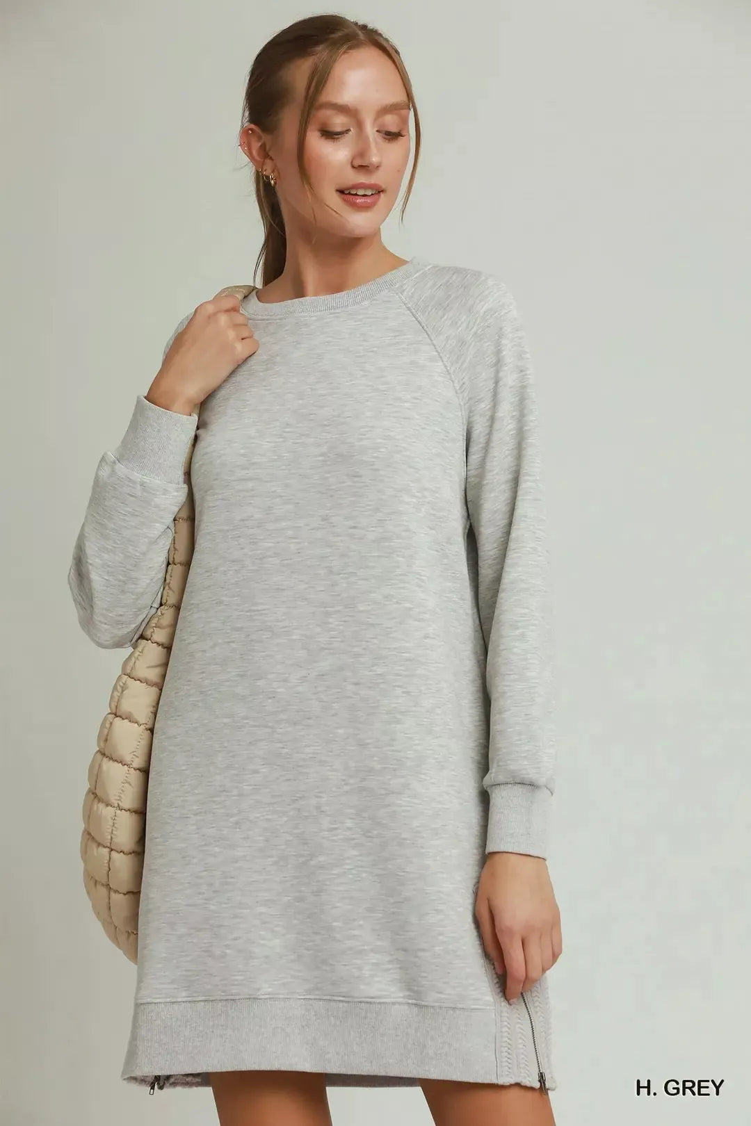 Umgee Side Crochet Zipper Detail Dress in Heather Grey in H. grey